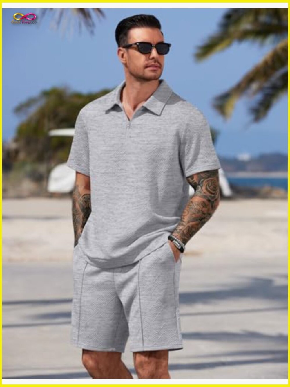 Men's 2 Piece Short Set Casual Quarter Zip Polo and Shorts Summer Outfit - Picture 2 of 7